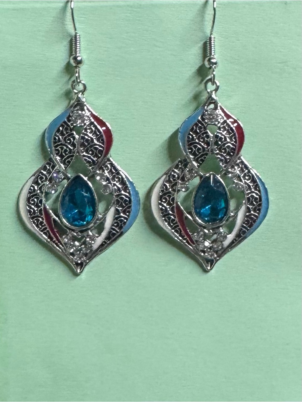 Silver-Tone Blue Teardrop Dangle Earrings
